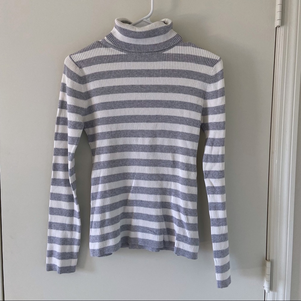 Grey and White Striped Turtleneck Sweater Size S